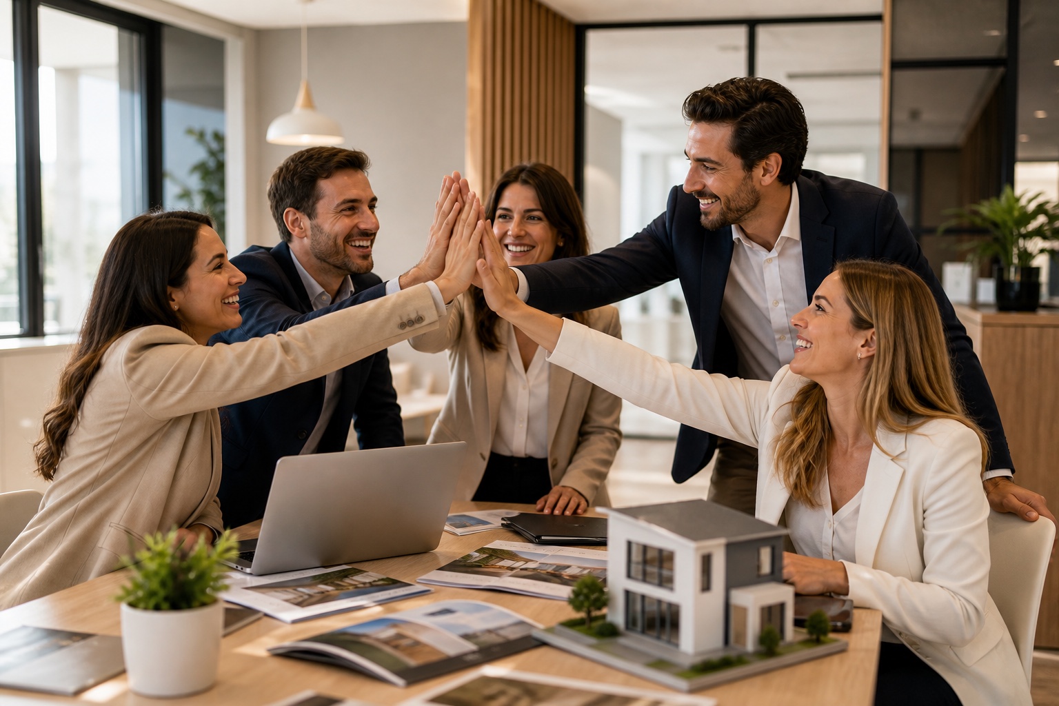 Equipa de consultores imobiliários a celebrar uma reunião de sucesso