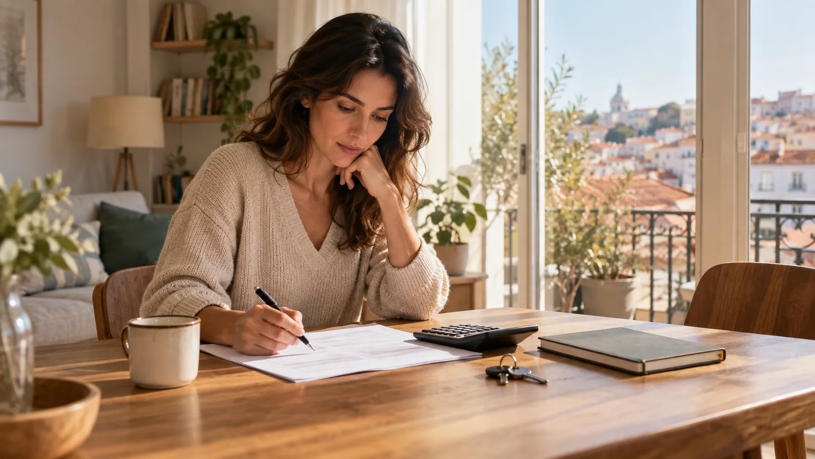 Uma mulher analisa o orçamento junto à janela de um apartamento, com uma calculadora, um caderno e chaves sobre a mesa.