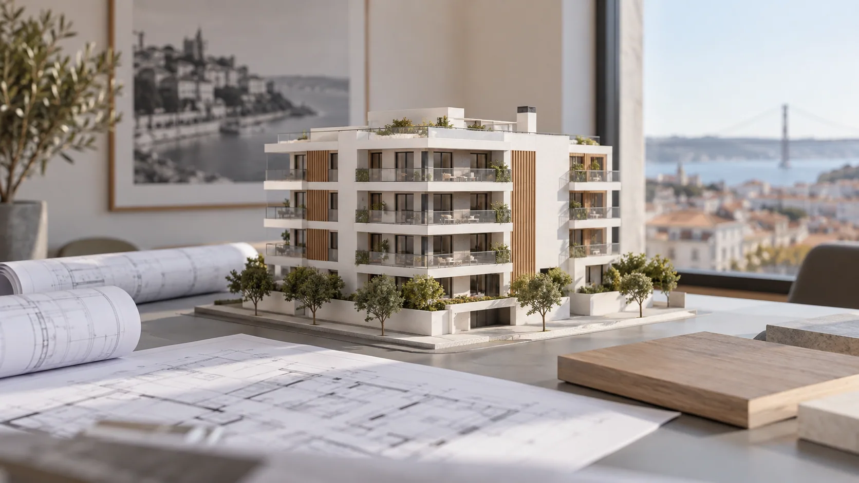 Maquete de um edifício de apartamentos junto de plantas e amostras de materiais num atelier.