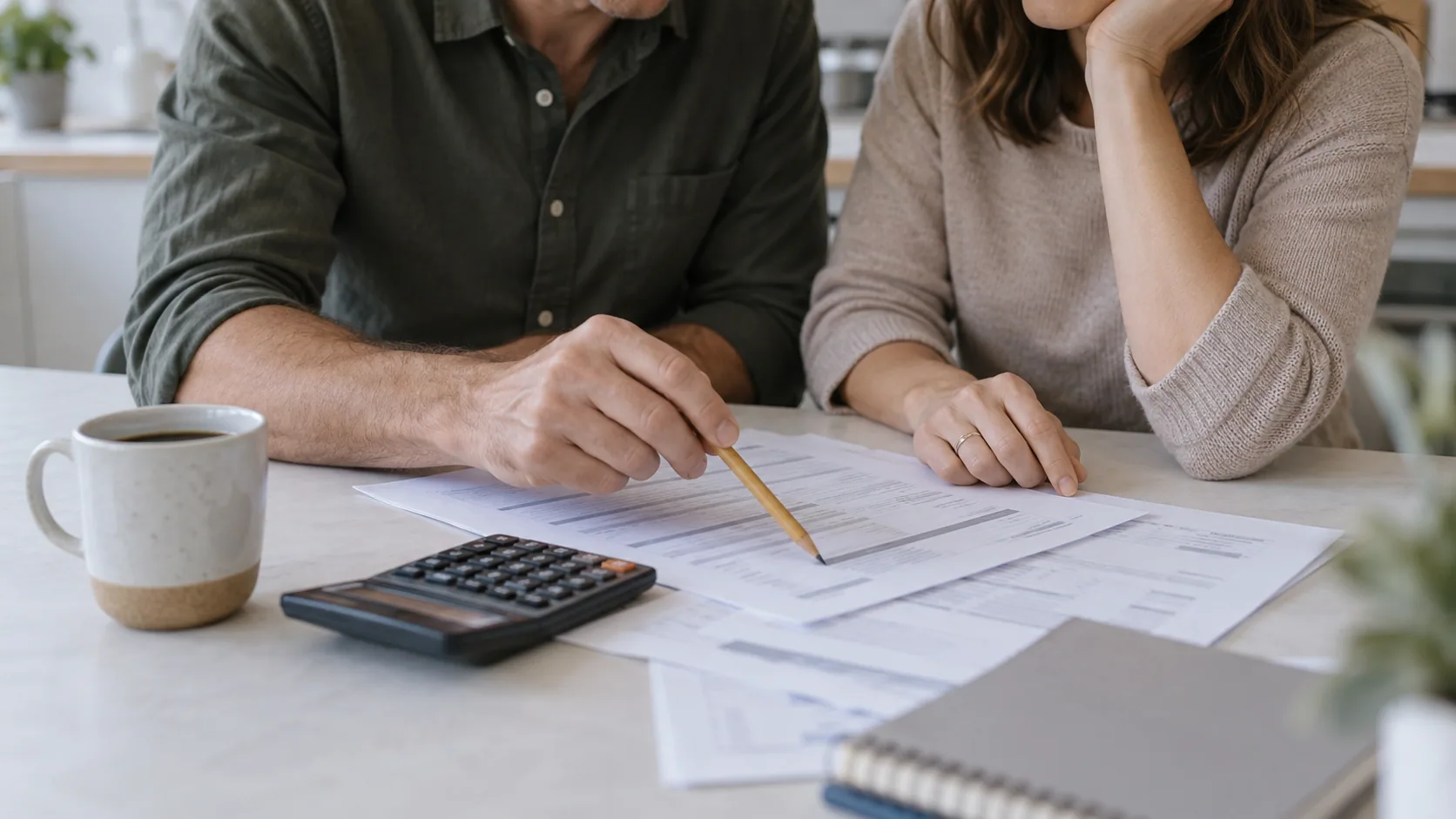 Duas pessoas analisam o orçamento doméstico com documentos e uma calculadora sobre a mesa.