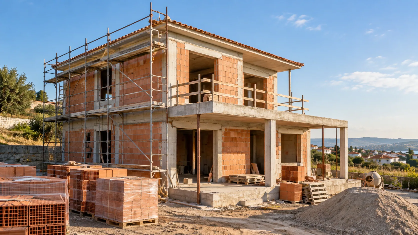 Moradia em construção com paredes de tijolo, estrutura de betão e materiais organizados no estaleiro.